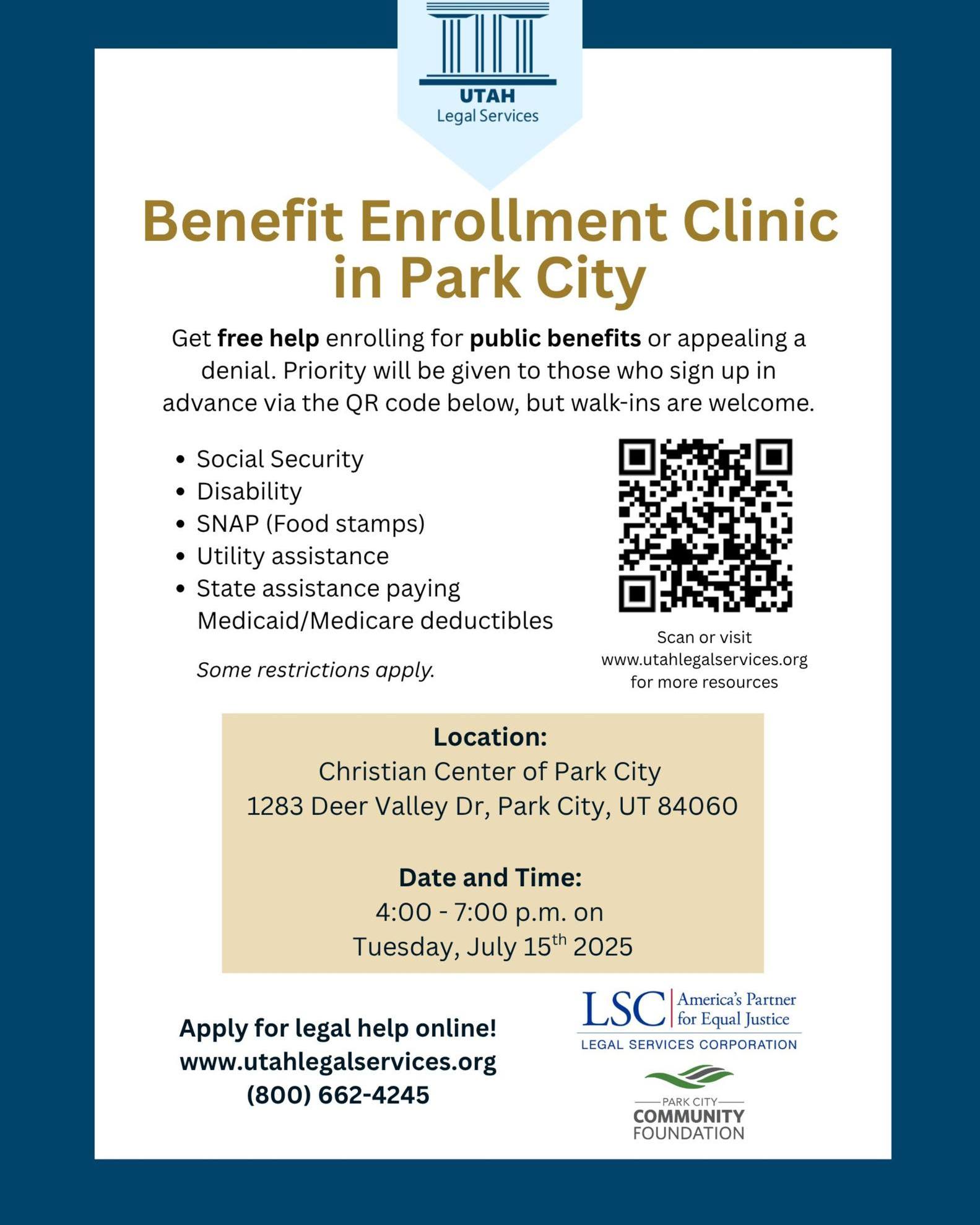 Flyer for the benefit enrollment clinic in Park City