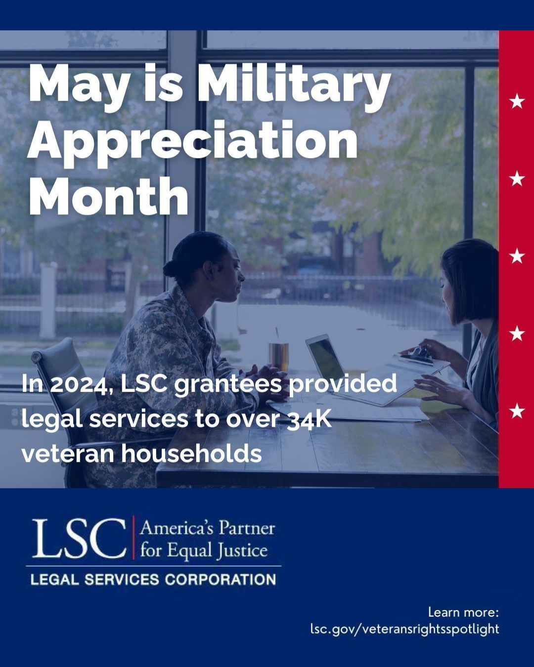 Graphic for Military Appreciation Month highlighting legal services for veterans