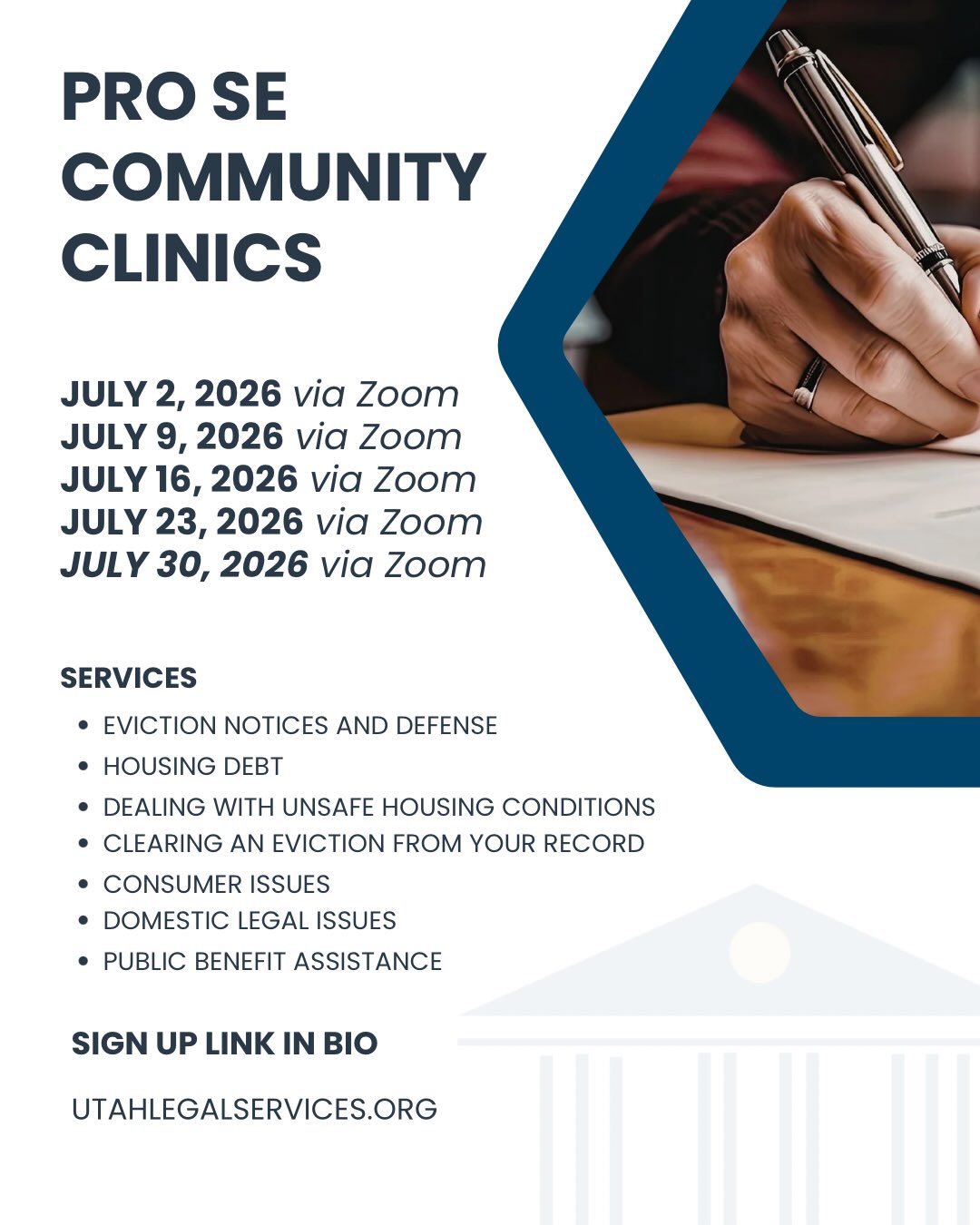 Flyer for July 2026 pro se community clinics via Zoom
