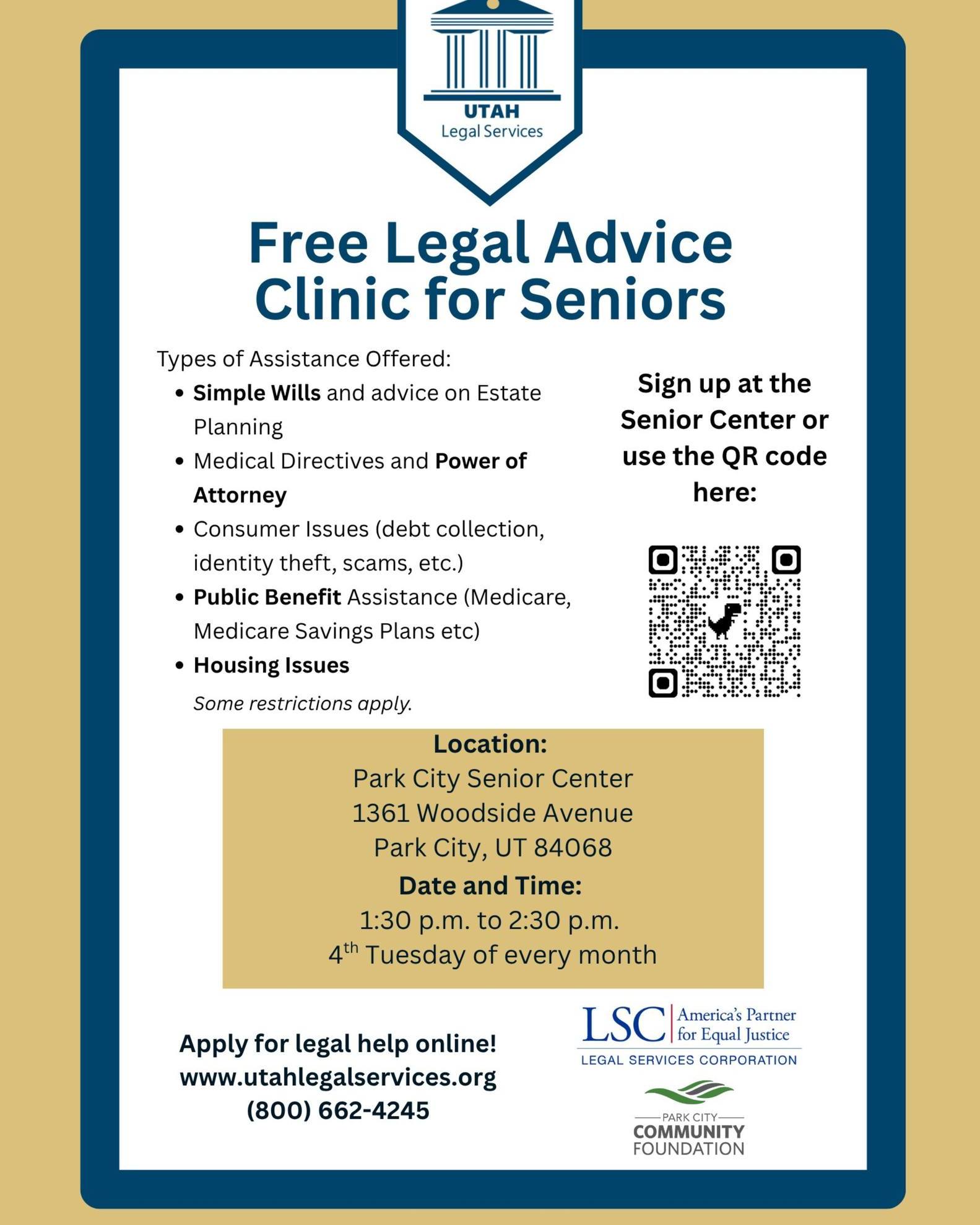 Flyer for the free legal advice clinic for seniors at the Park City Senior Center
